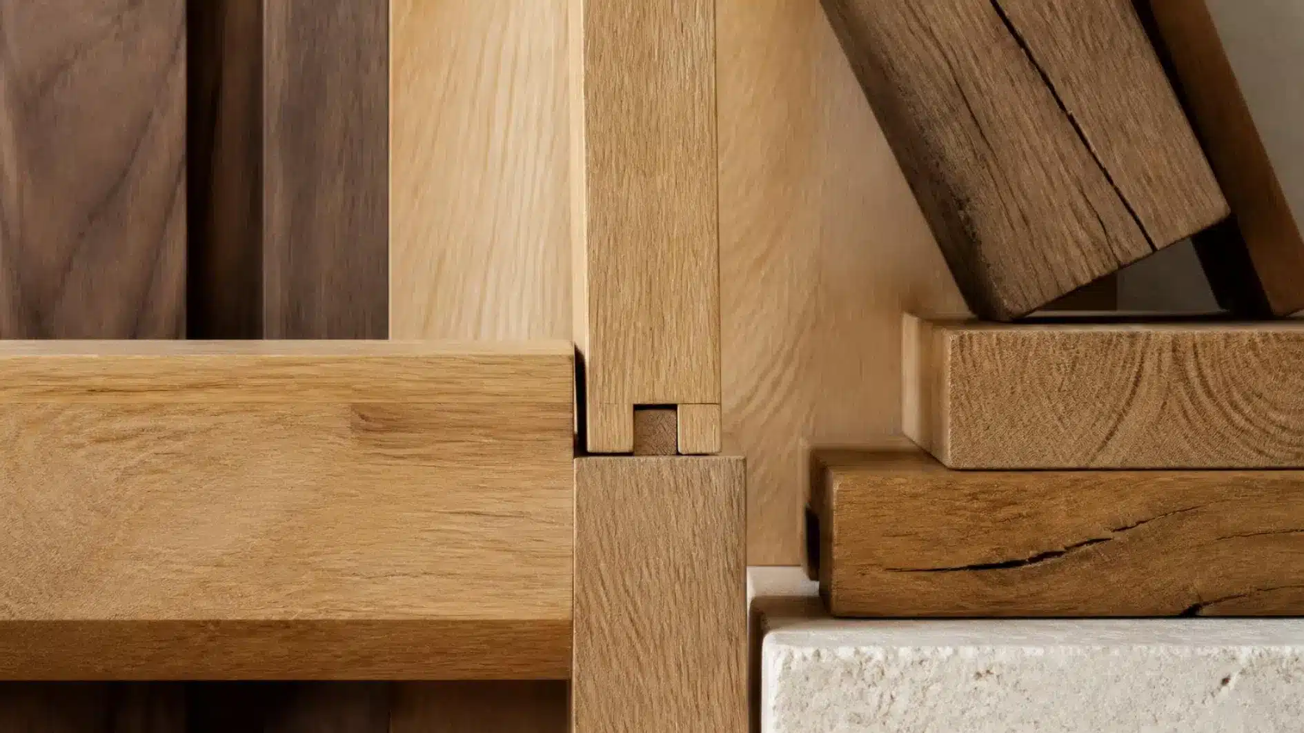 Solid timber and reclaimed wood showing grain, patina and joinery details