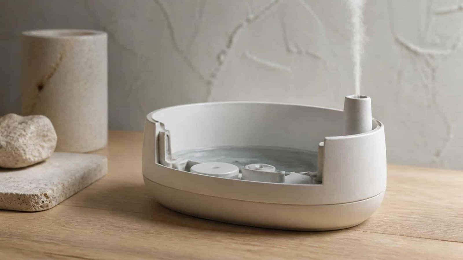 Open ultrasonic diffuser showing the water reservoir and fine mist produced by the internal mechanism