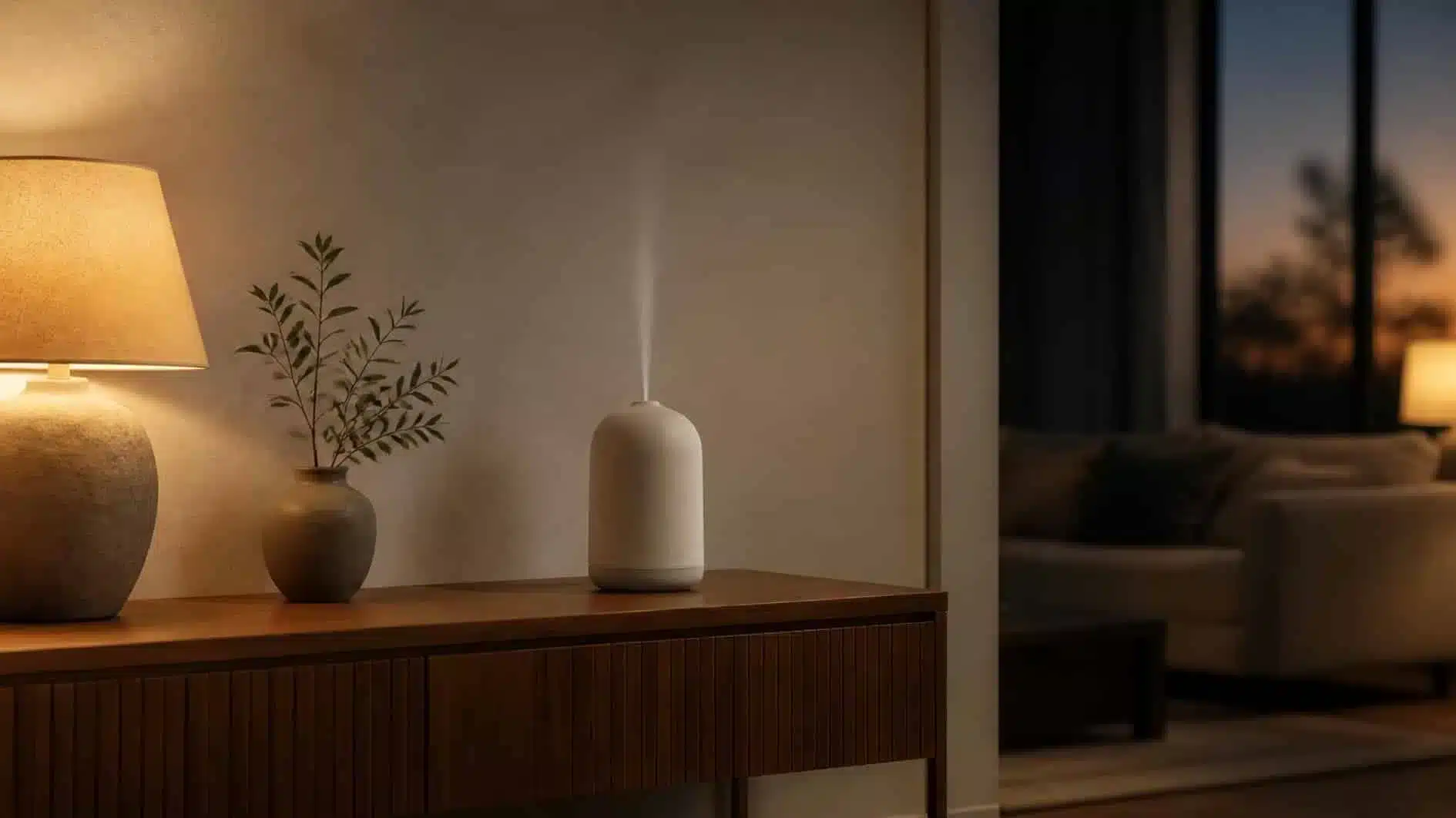 Ultrasonic diffuser placed on a stable console with open space above the mist outlet