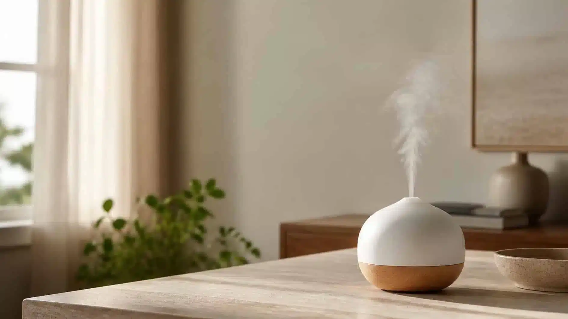 Ultrasonic oil diffuser producing a fine cool mist on a stable open surface