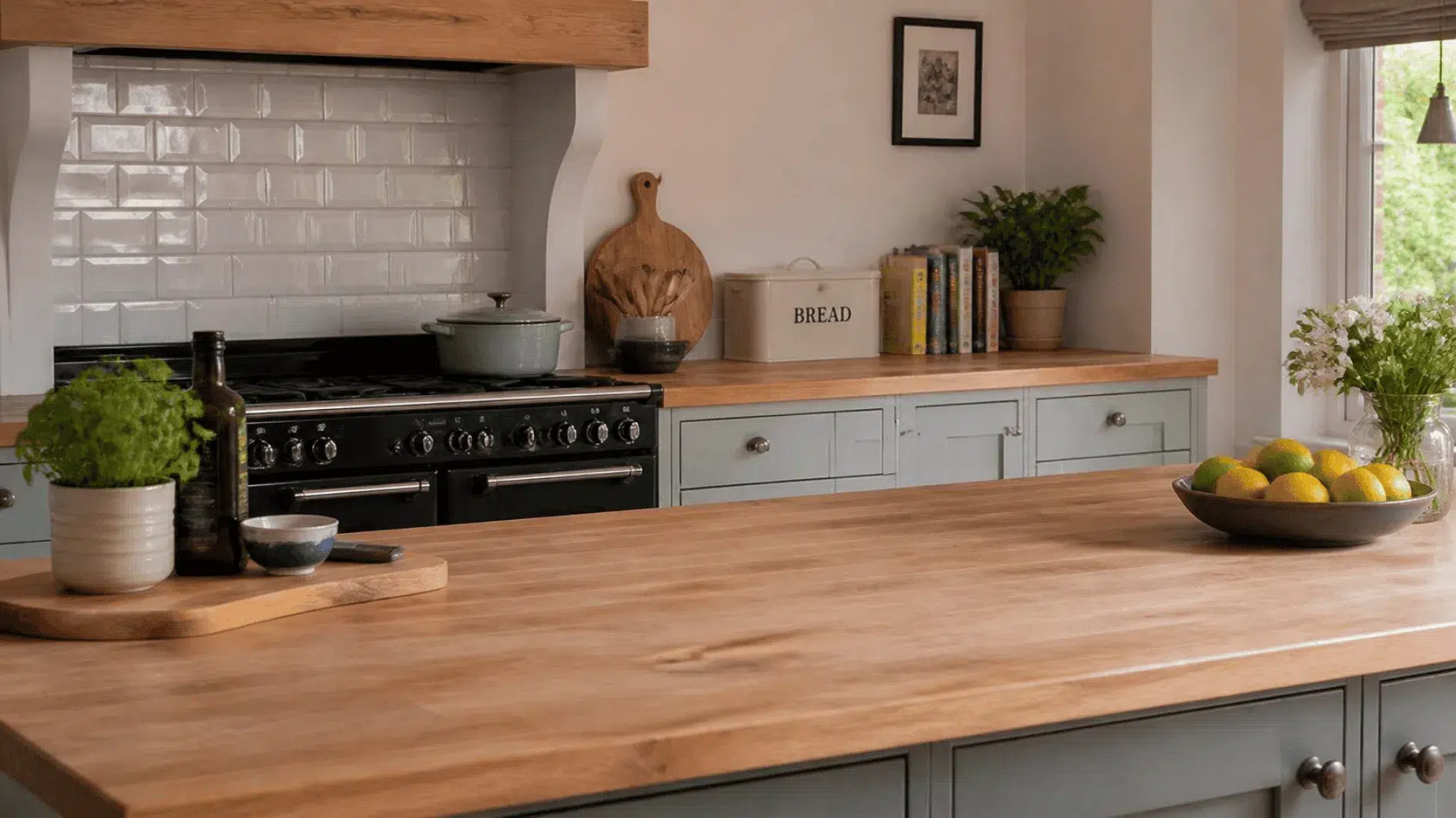 British kitchen with clear oak worktop and neatly grouped ceramics and utensils for food preparation