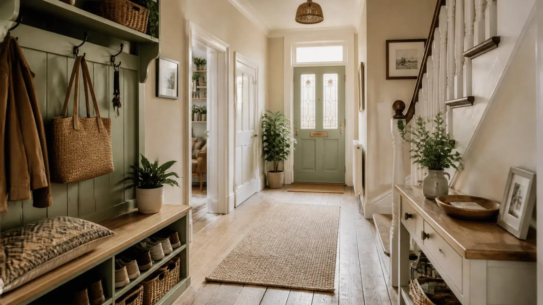 Organised British hallway with hooks, shoe storage and oak console table keeping walkway clear