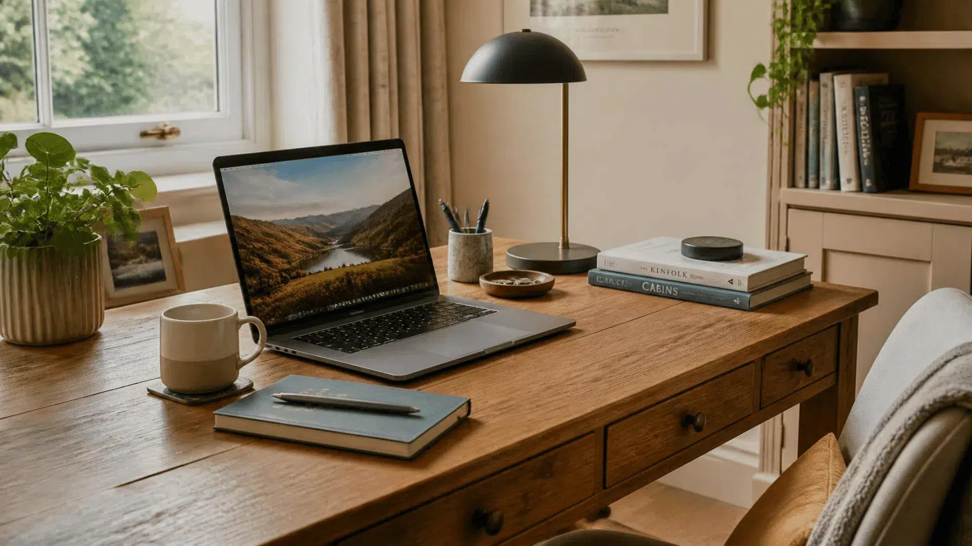 Functional British home office with oak desk, closed laptop, blank notebook and tidy cables
