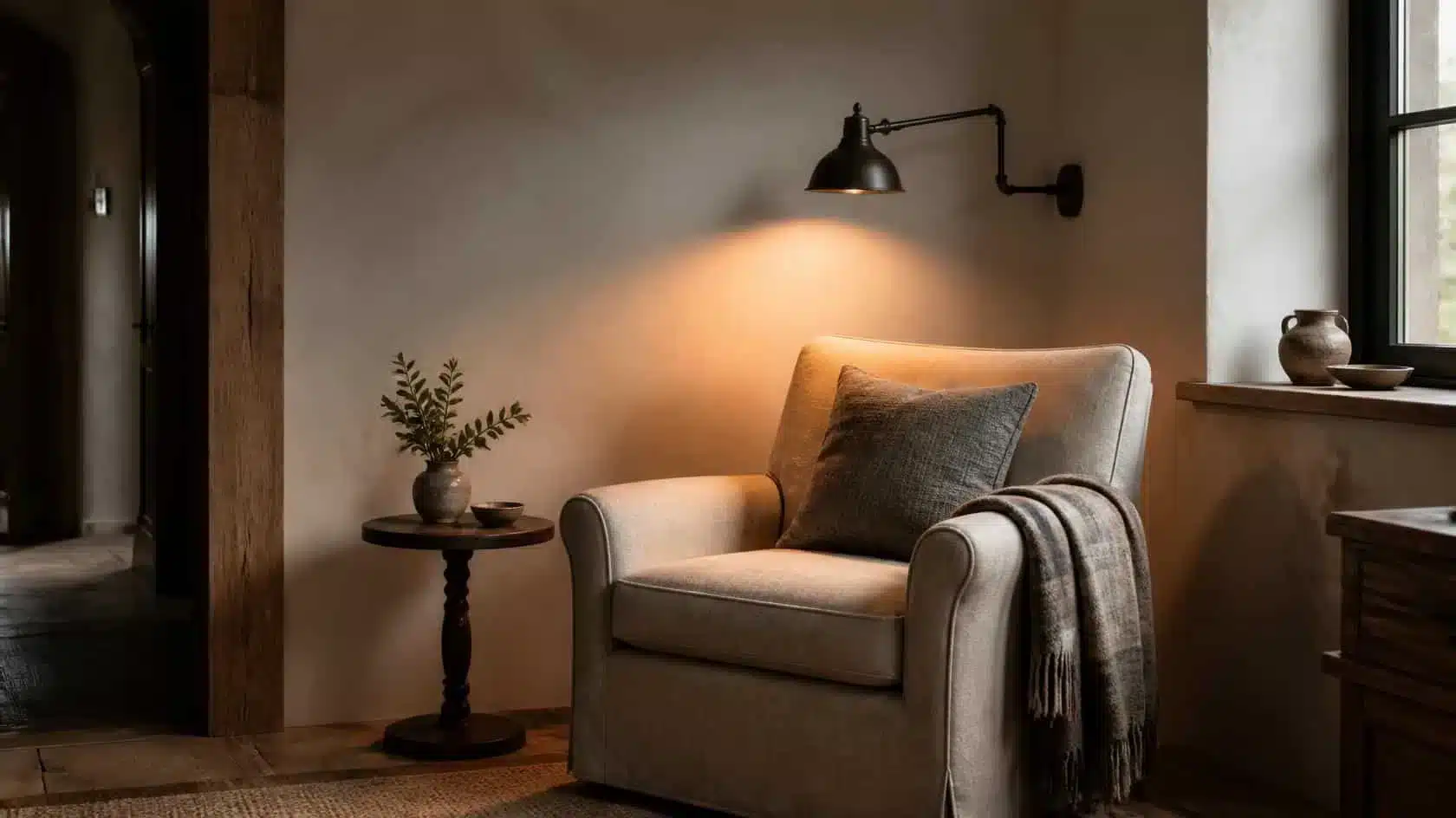 Adjustable wall lamp beside a reading chair providing focused warm task light