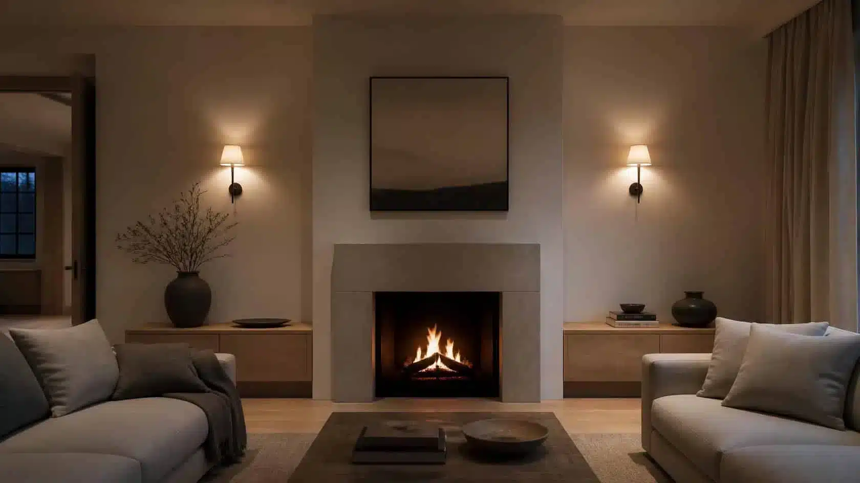 Pair of warm wall lights positioned around a fireplace and chimney breast