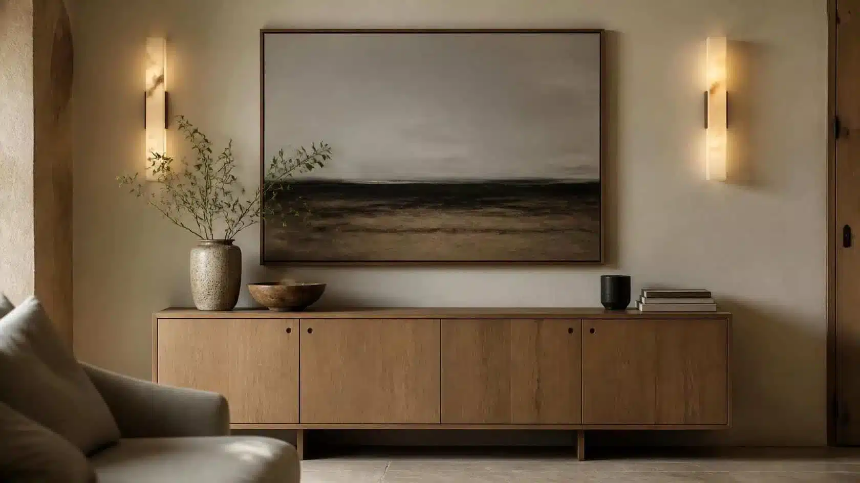 Wall lighting above a timber sideboard with artwork and restrained decorative objects