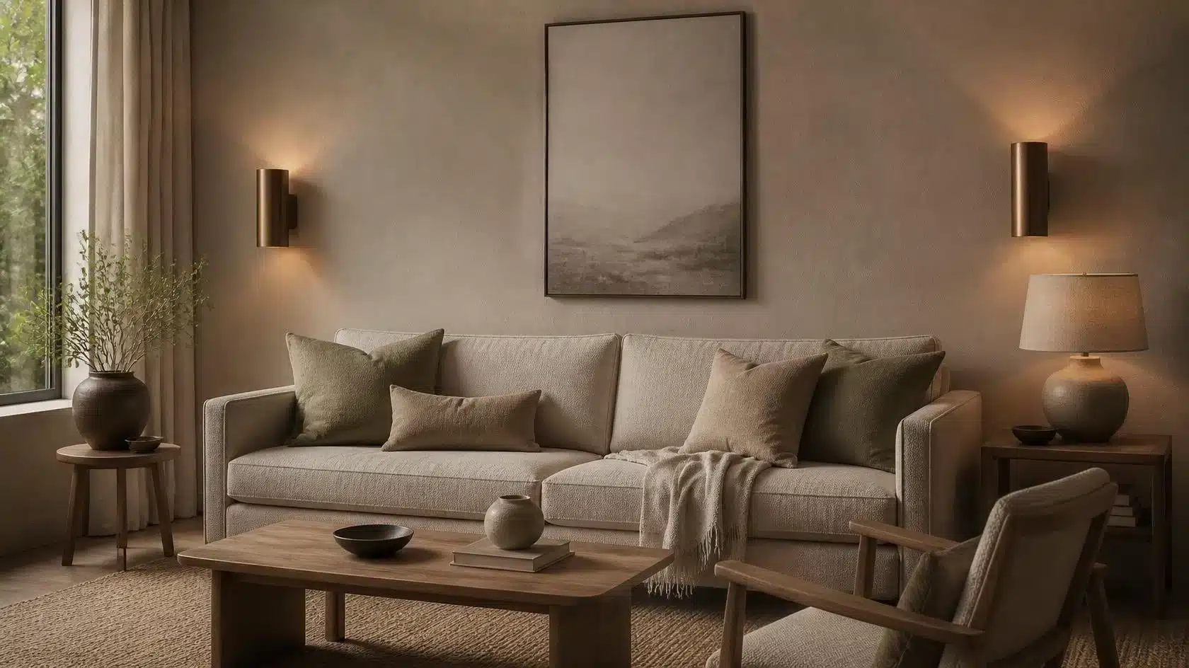 Wall lights positioned around a sofa with soft warm light and no direct glare