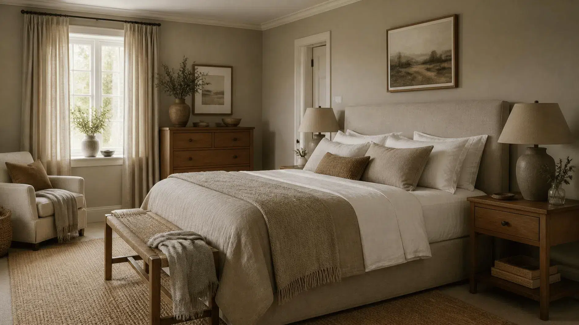 Cosy British bedroom with soft taupe walls, natural linen bedding and warm oak bedside furniture