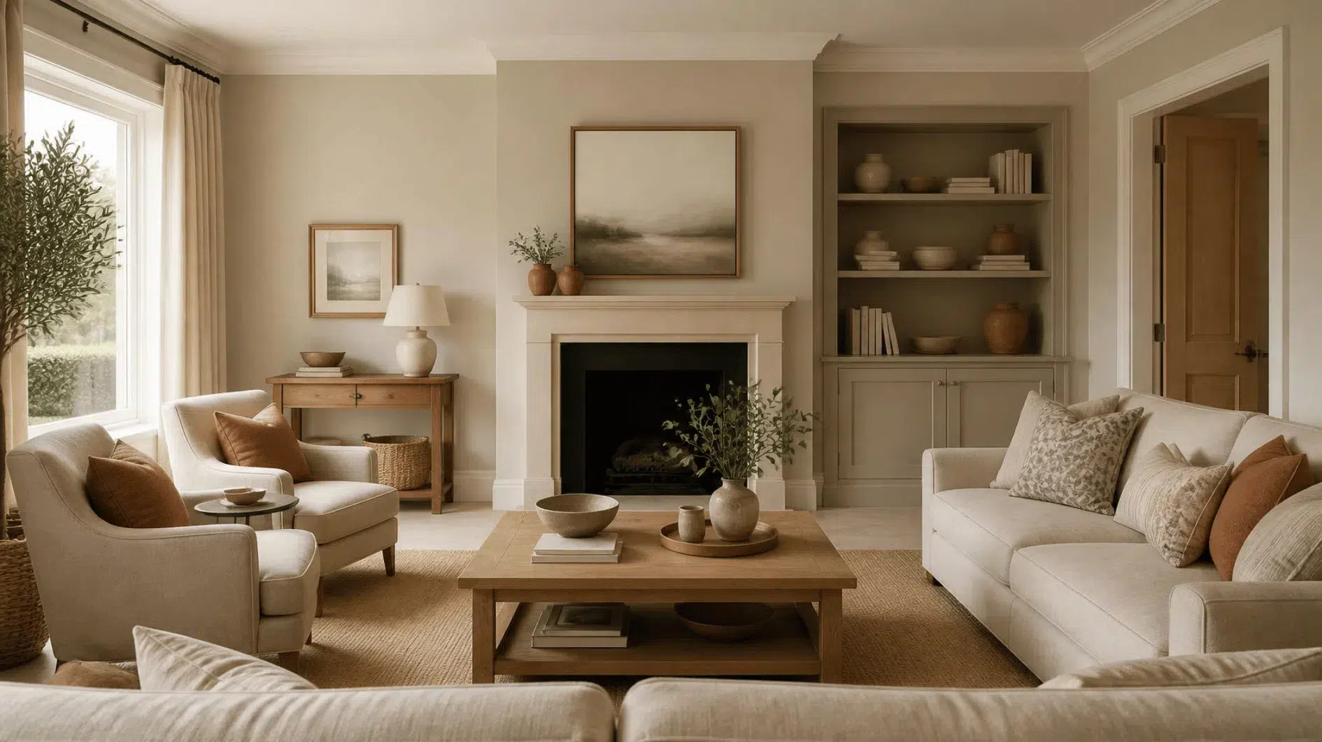 Warm neutral British living room with taupe walls, oatmeal sofa, oak furniture and muted clay accents
