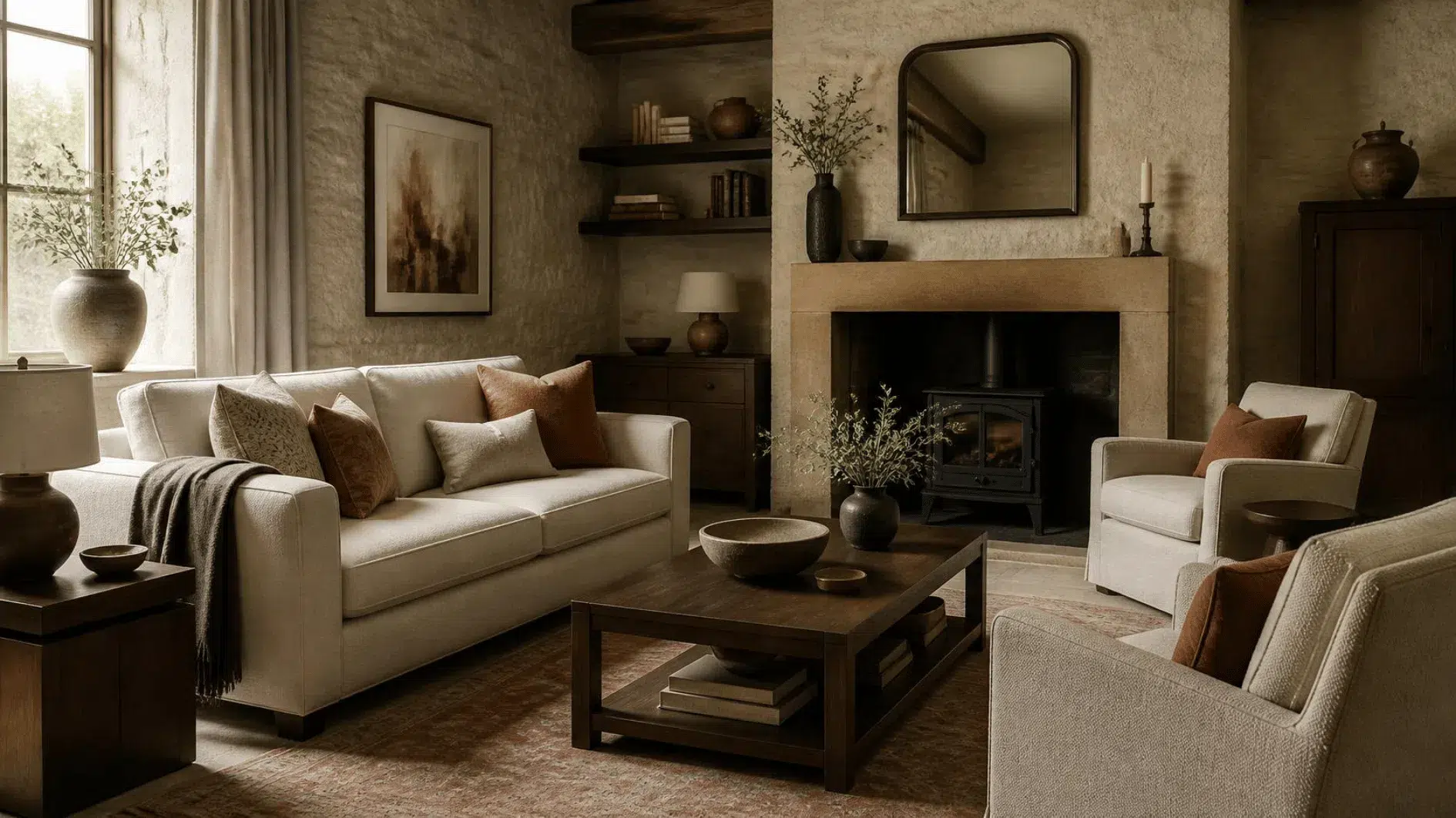 Elegant living room with warm stone walls, cream upholstery, walnut furniture and soft clay accents