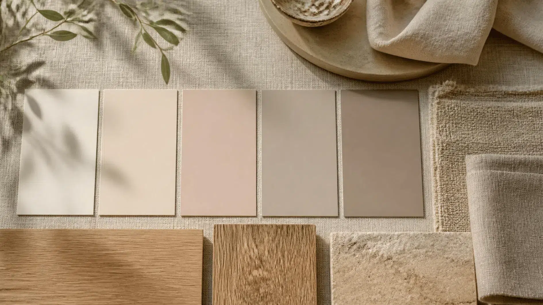 Unlabelled warm white, cream, beige, greige and taupe colour samples beside timber and linen