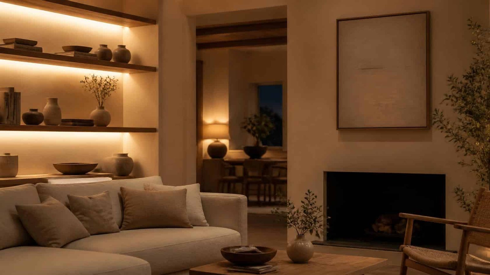Warm white LED strip lighting at approximately 2700K illuminating timber and plaster