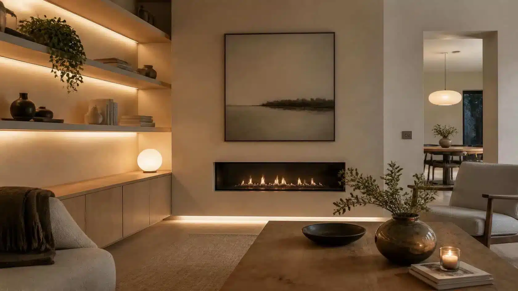 Warm white LED strip lighting at approximately 3000K in a contemporary living space