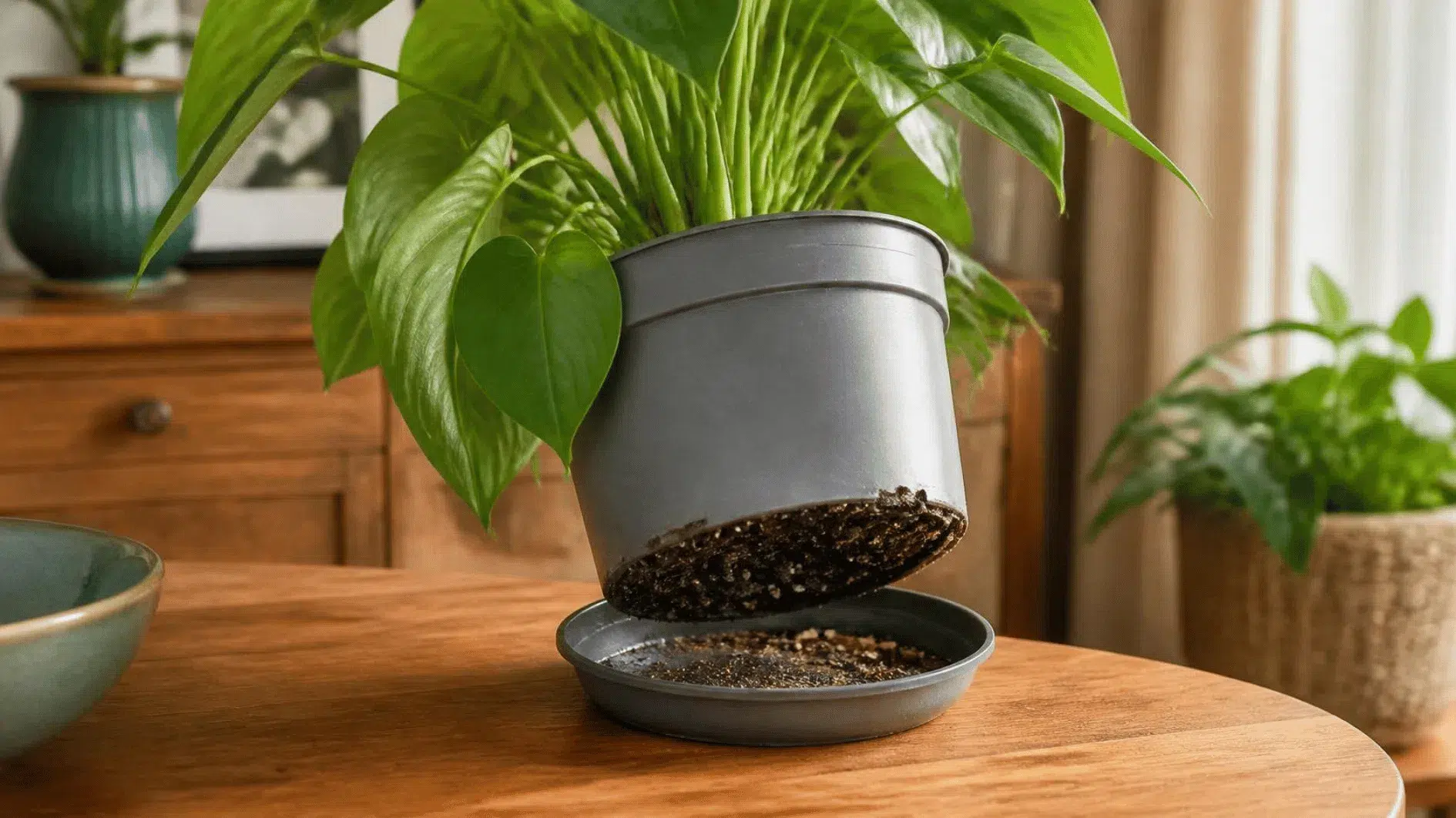 Houseplant in a removable nursery pot with visible compost and a drainage saucer