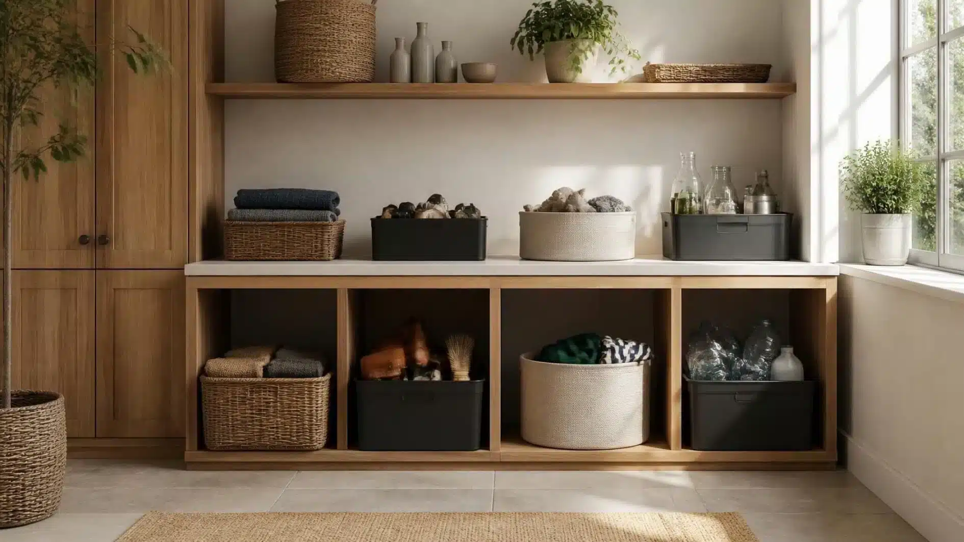 Organised home storage with items separated for reuse, repair, donation and recycling