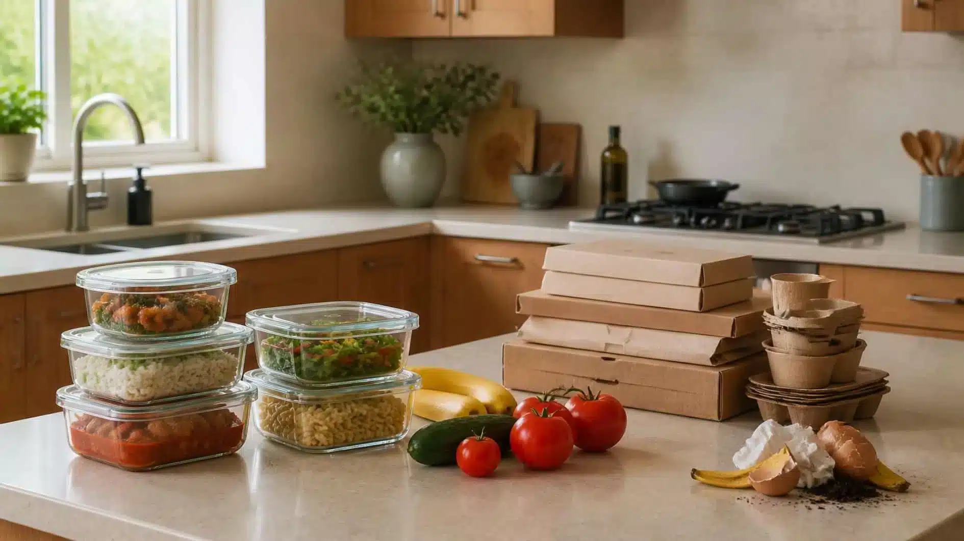 Reusable food containers, loose produce and reduced packaging arranged in a calm kitchen