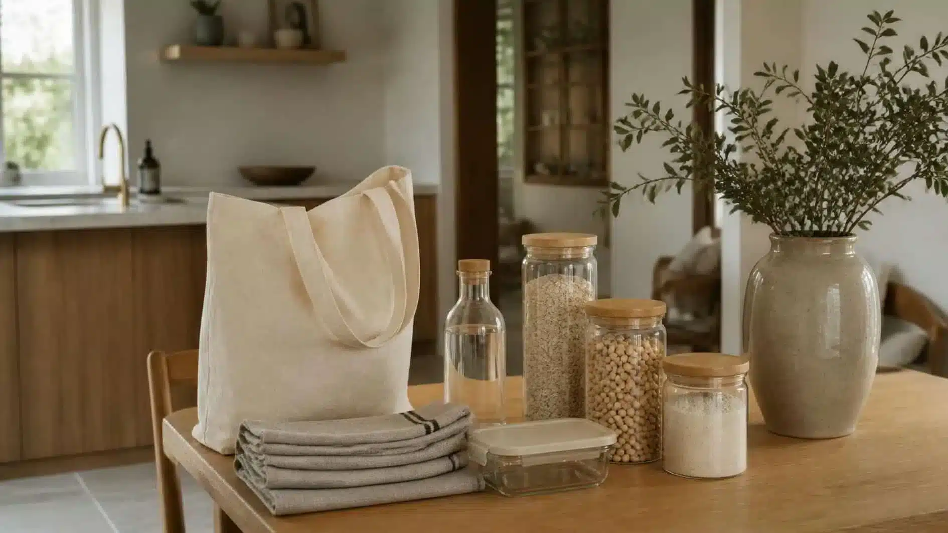 Durable everyday objects, reusable containers and natural materials arranged in a calm British home interior
