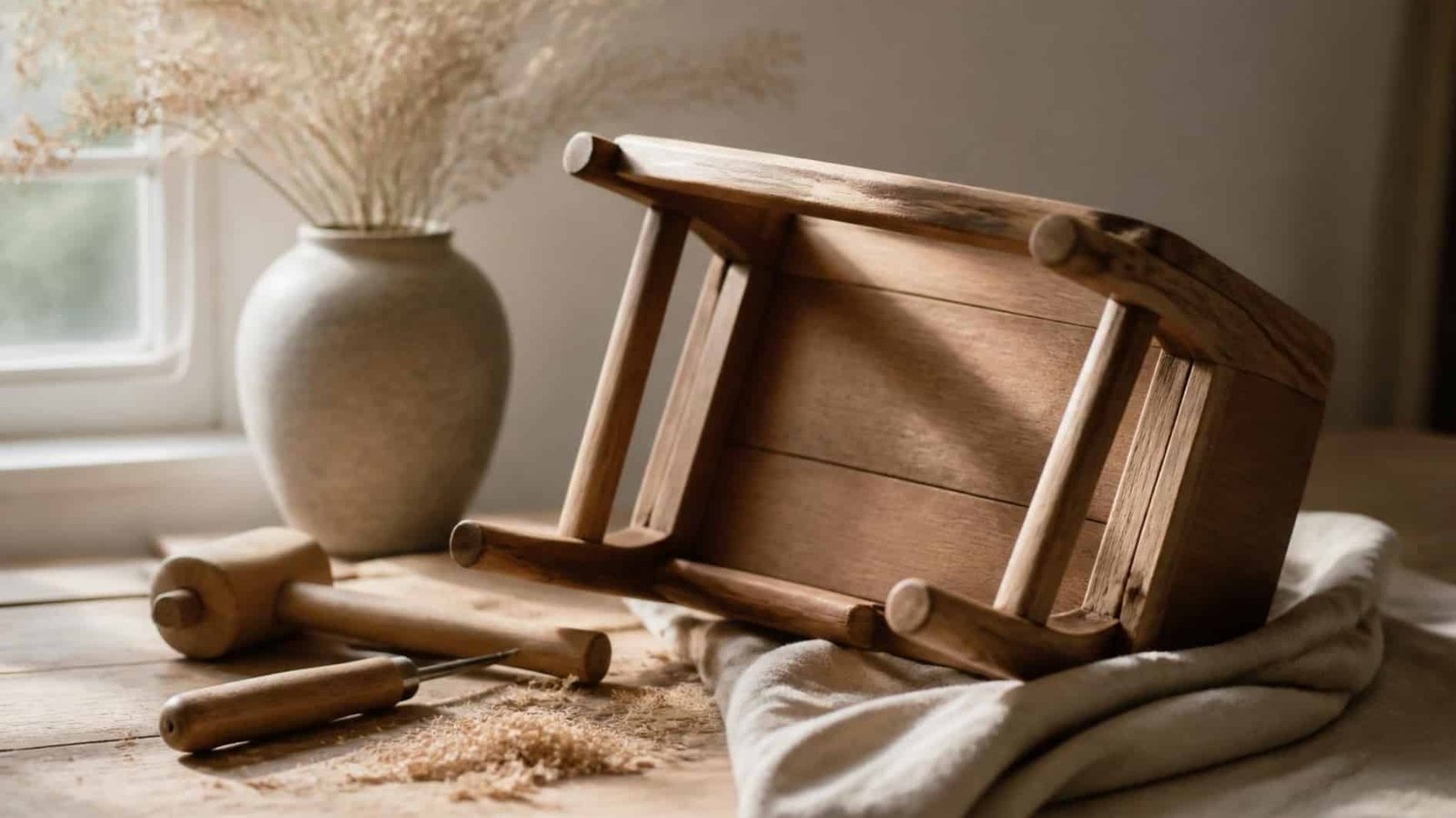 Solid timber household object with simple hand tools prepared for careful repair and maintenance